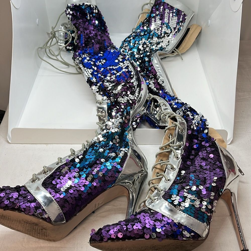 Sequin Lace-Up Pointed Toe Heels in Purple and Blue - Picture 2 of 8